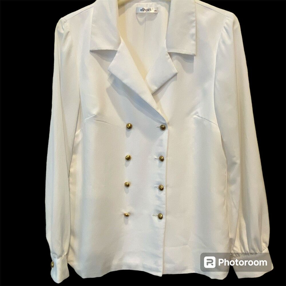 eShakti Womens Double Breasted Brass Button Long Sleeve White Blouse Lined L NWT